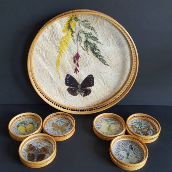 Other - Vintage Butterfly Tray Coaster Set Bamboo Floral